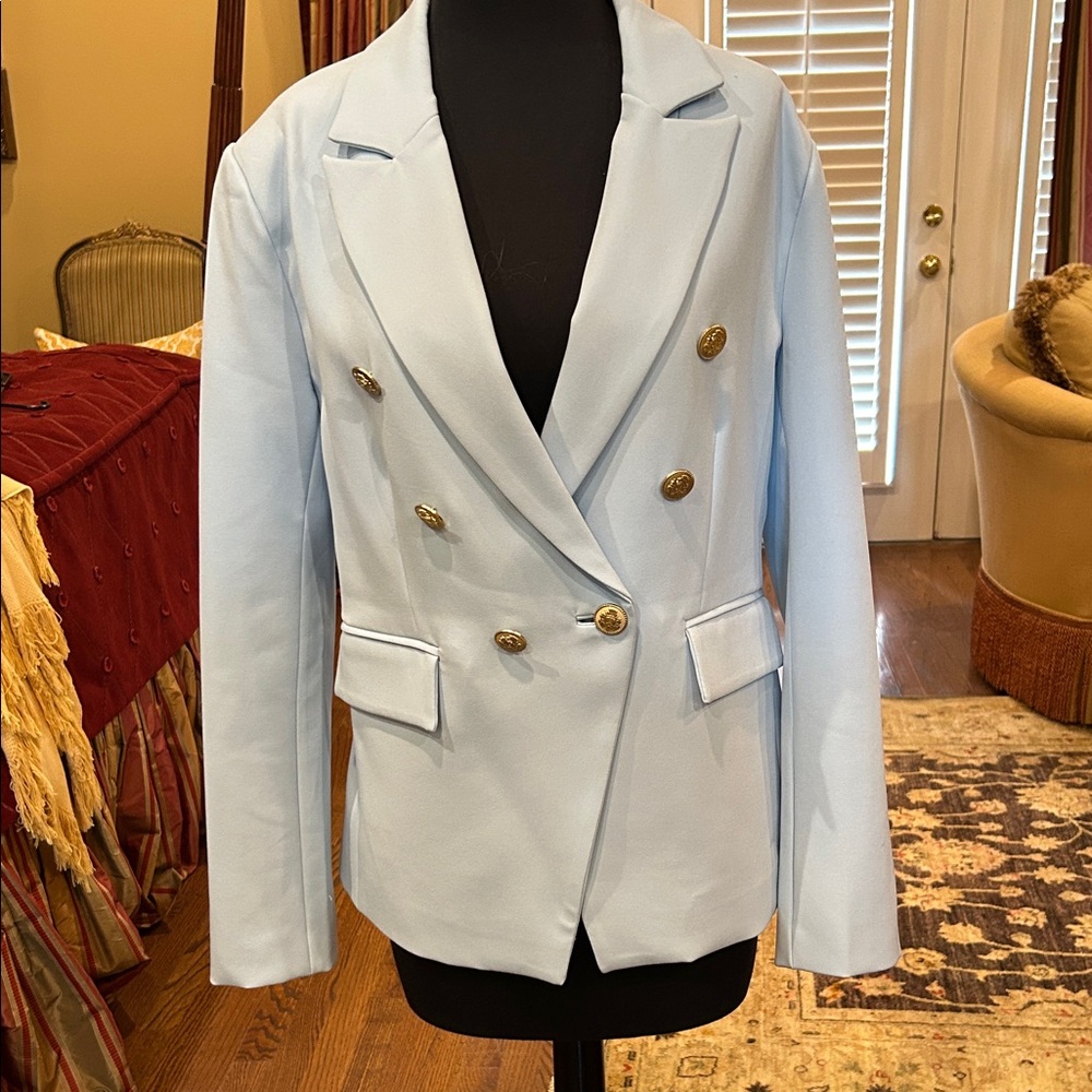 Boston Proper Pale Blue Double-Breasted Blazer with Gold Buttons size 10